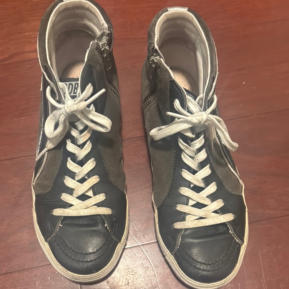 Golden Goose Black and Gray Sneakers with High-Top Design and White Accents